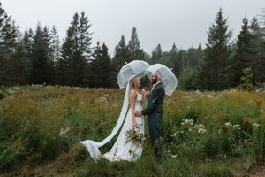 A couple shares an intimate moment under clear umbrellas in a wildflower meadow with evergreen trees.