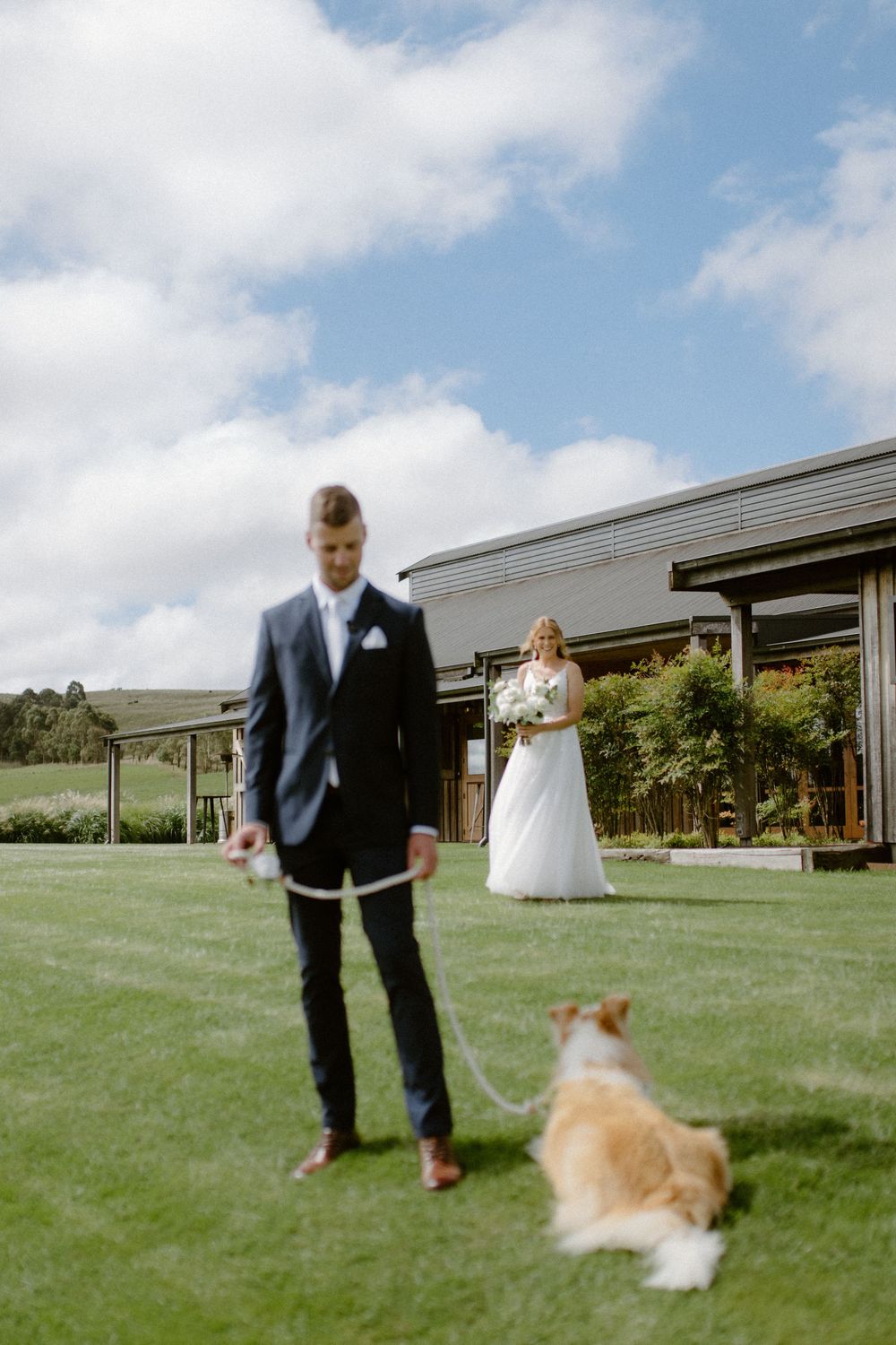 Wedding couple's first look moment with their dog on a sunny lawn.