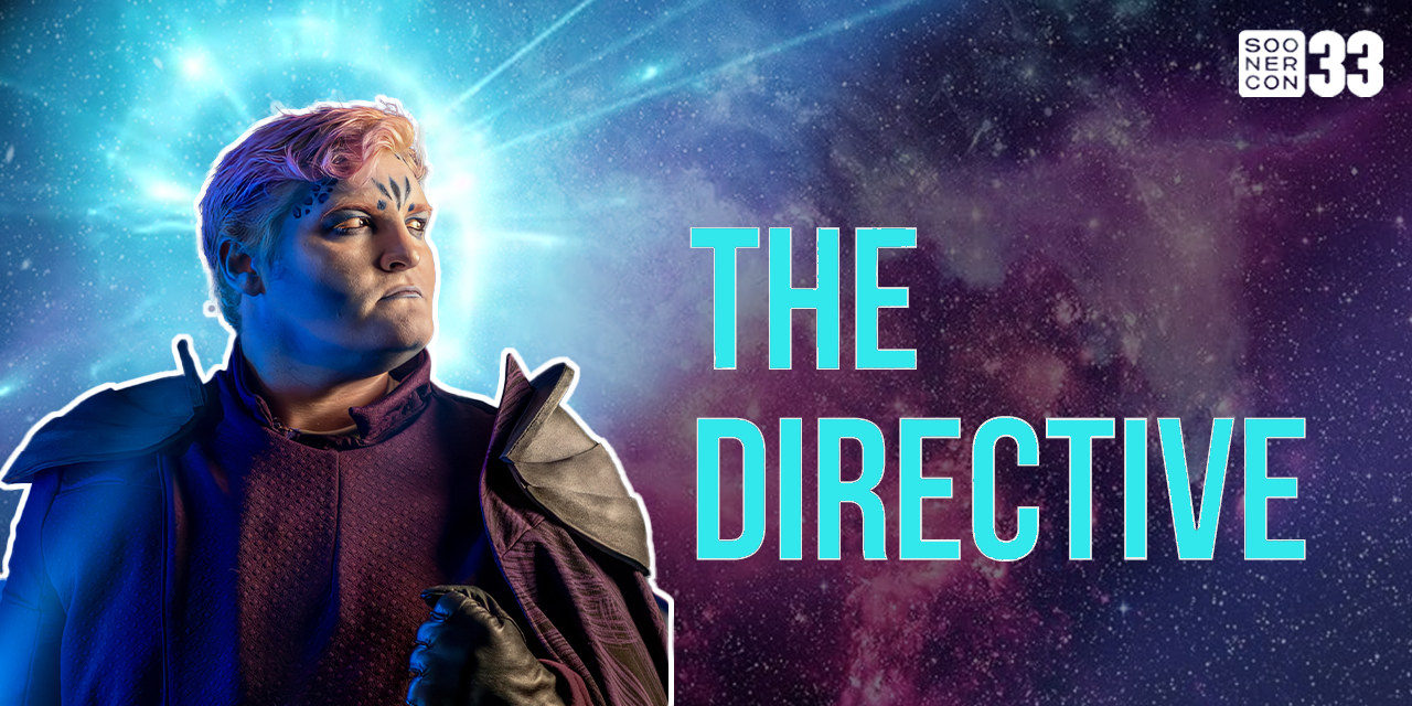 Promotional image for 'The Directive' showing a figure in dramatic lighting against a cosmic blue background with text overlay.