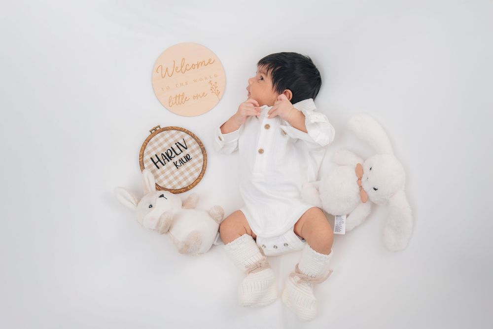 Newborn photography setup with white plush toys, peach accents, and welcome sign on light gray background.