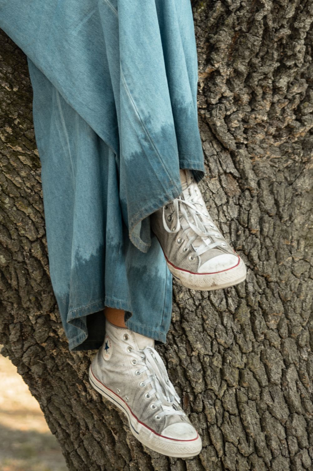 Person wearing light blue jeans and white Converse sneakers leans against a large tree trunk.