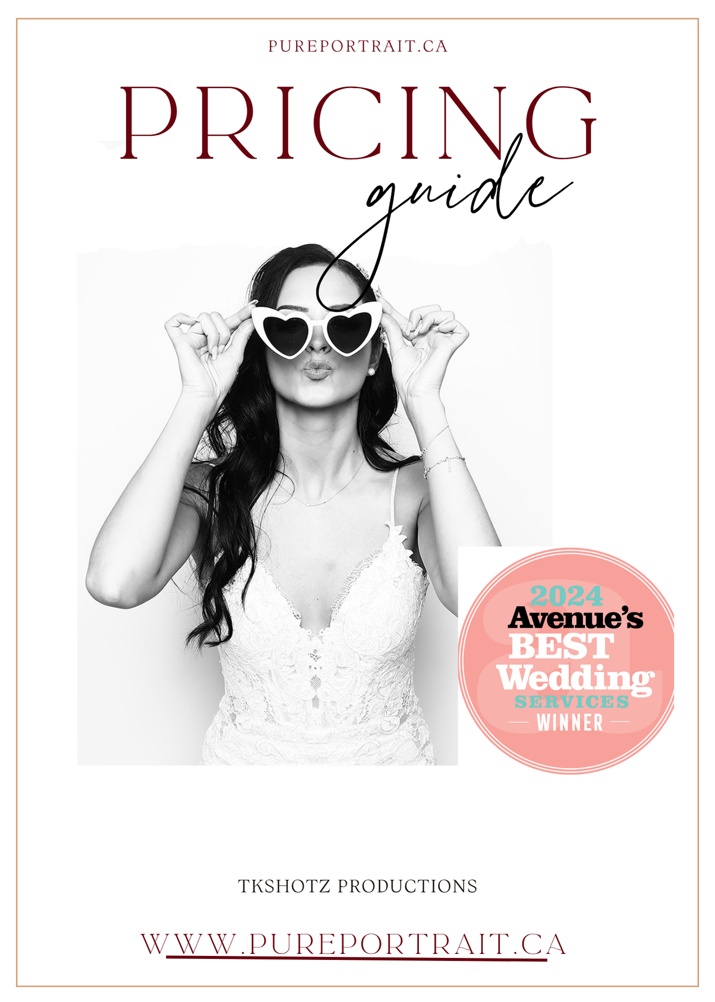 Professional wedding photography pricing guide with black and white portraits and pink accents.