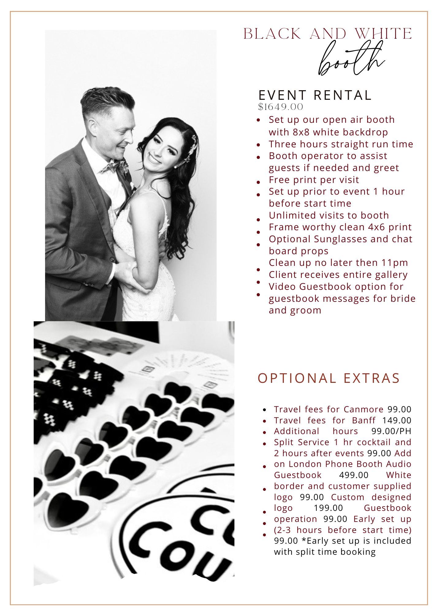 Black and white photo booth event rental setup with couple, featuring 8x8 backdrop, unlimited prints, and guestbook options.