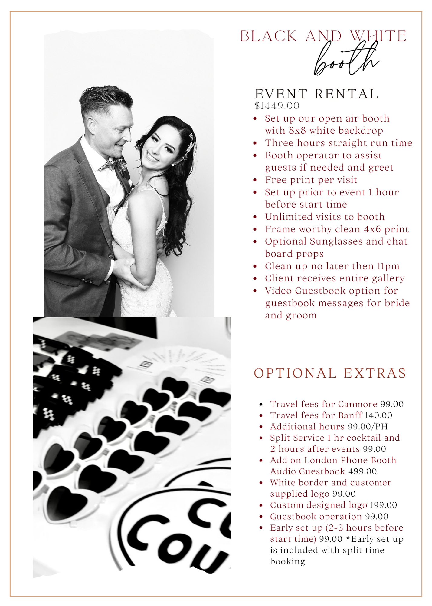 Black and white photo booth style marketing materials showing event rental pricing and options.