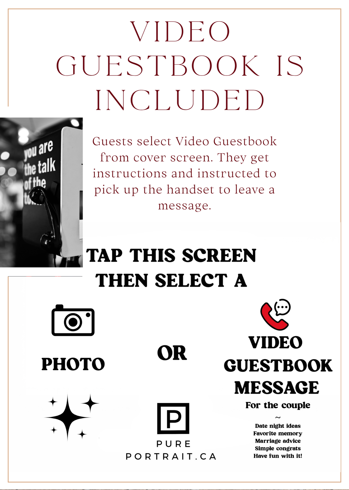 Instructions for video guestbook showing options to tap screen and select between photo or video message for the couple.