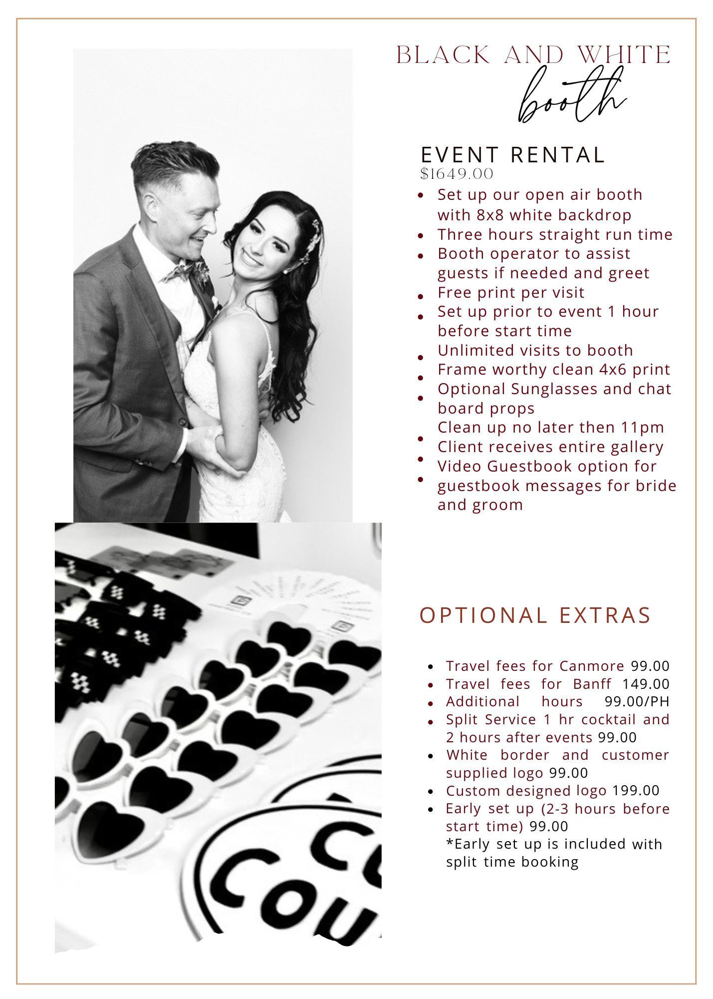 Black and white photo booth event rental pricing, featuring 8x8 backdrop, unlimited prints and video guestbook option.