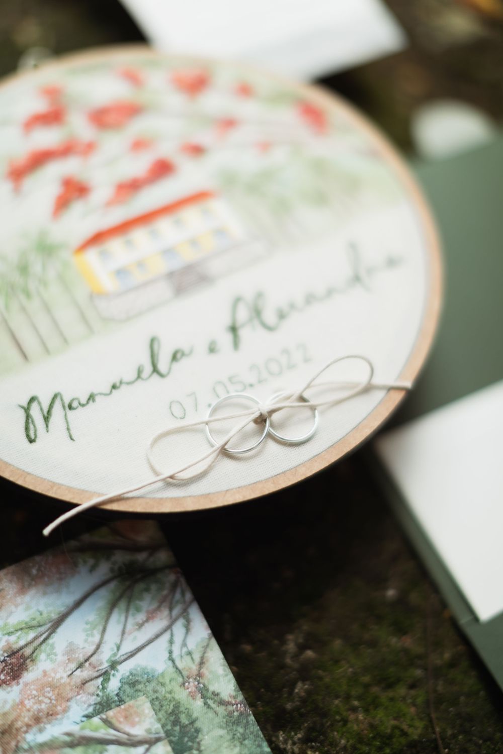 Close-up of delicate wedding rings resting on floral-designed stationery with coral accents.