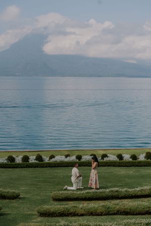 A serene lakeside view with mountains in the background and manicured hedges in the foreground on a grassy slope.