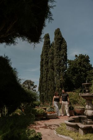 Stone pathways and cypress trees create a rustic Mediterranean garden atmosphere on a sunny day.
