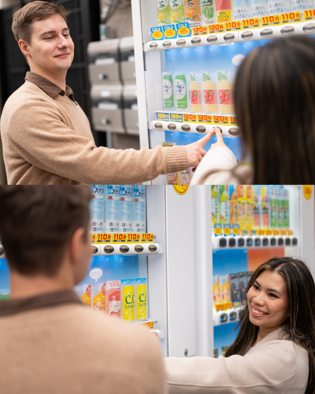 Young couple smiling at a colorful Japanese vending machine filled with drinks and beverages.