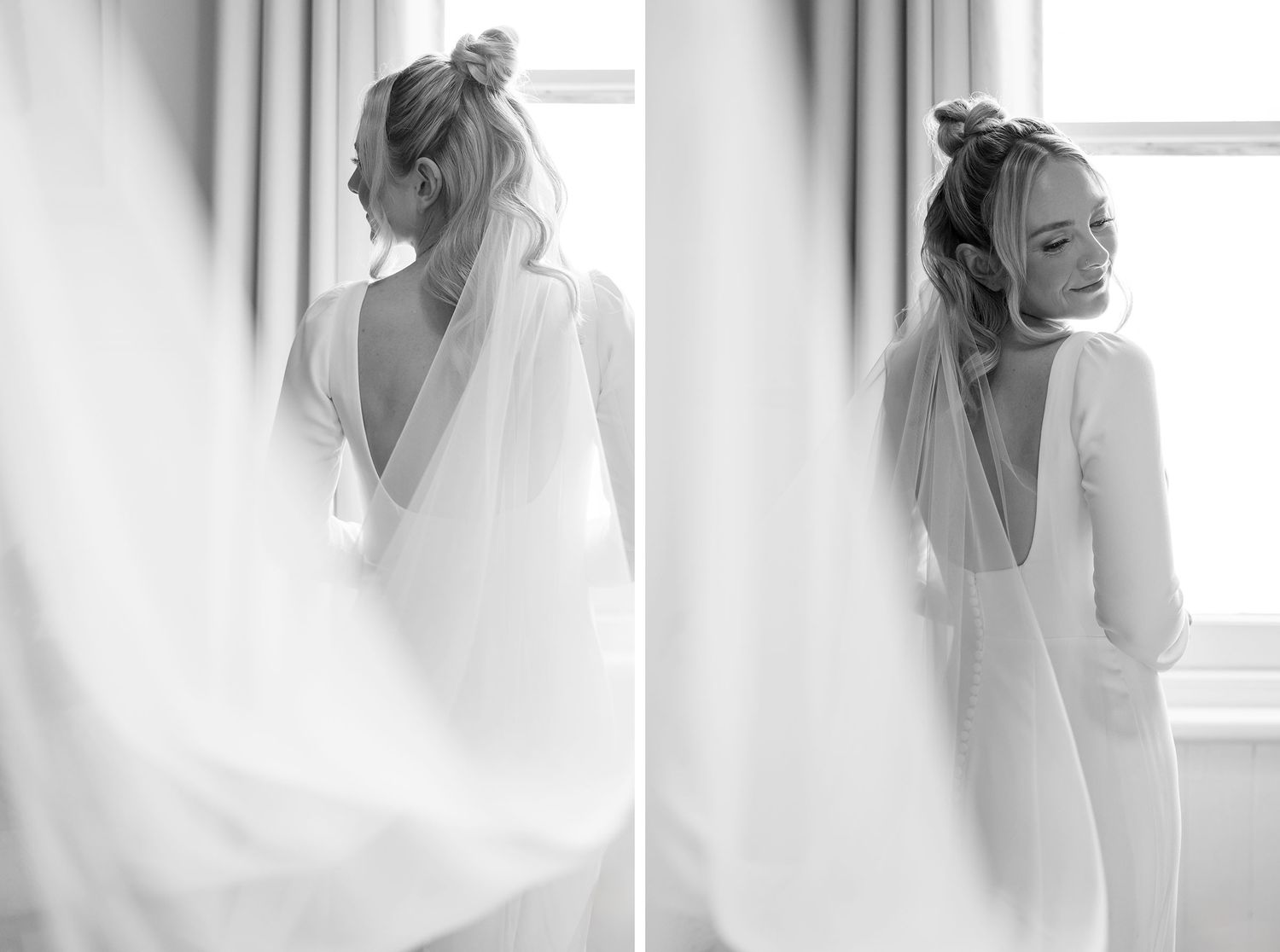 A dreamy sequence of bridal portraits in soft white light by a window shows movement and elegance in a wedding dress.