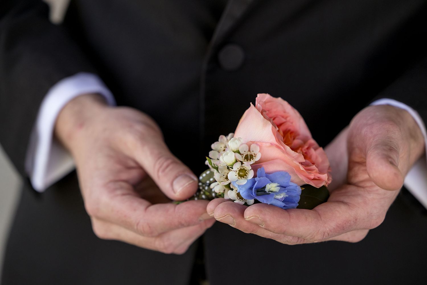A grooms ands holding his button hole flower in his black tie suit.