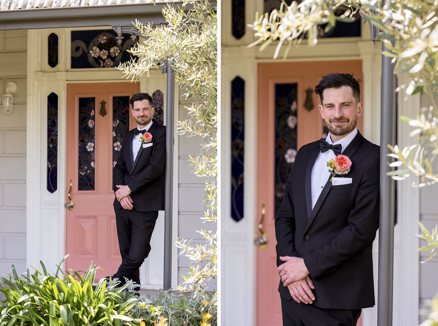 Classic black tuxedo with boutonniere photographed in front of a vintage house with pink door and white trim.