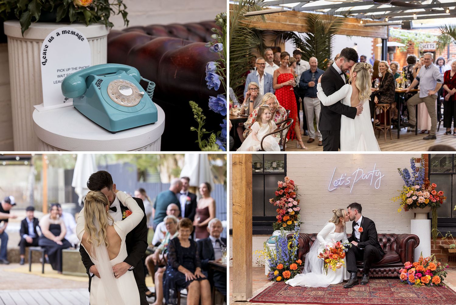A collection of wedding reception photos showing dancing, dining, and celebration moments at an elegant indoor venue.