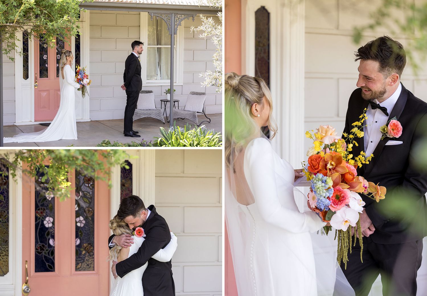 A series of wedding photos showing a Bride and Groom sharing their private wedding vows in an elegant doorway.
