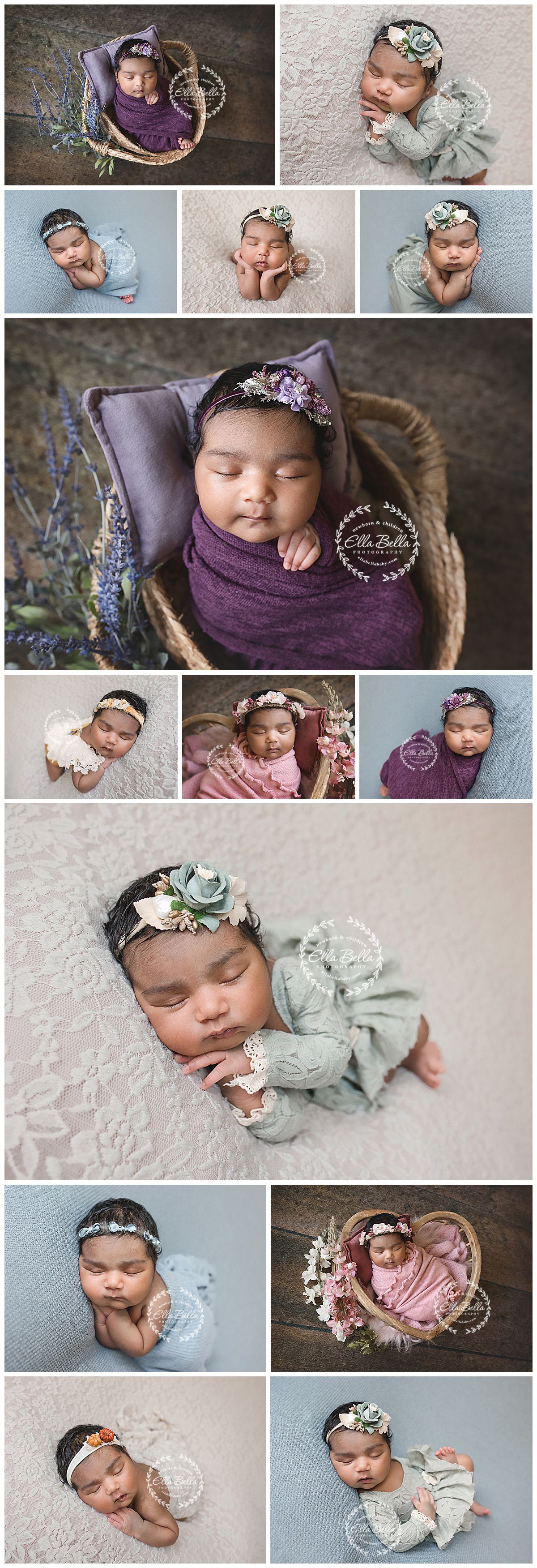 A collection of newborn photography featuring soft textiles, floral headbands, and woven baskets in purple, pink and sage tones.