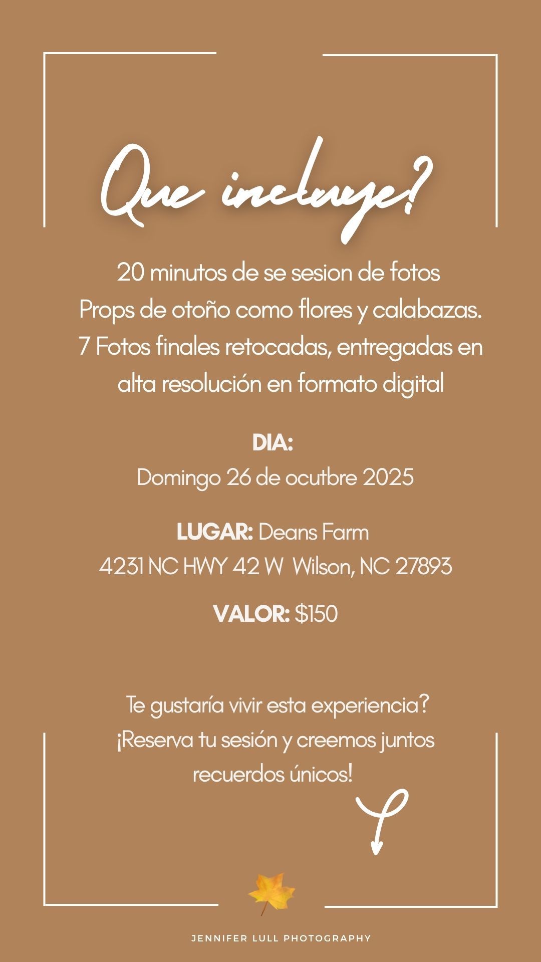 Brown and white fall mini session photography advertisement with text details for October 2025 at Deans Farm.