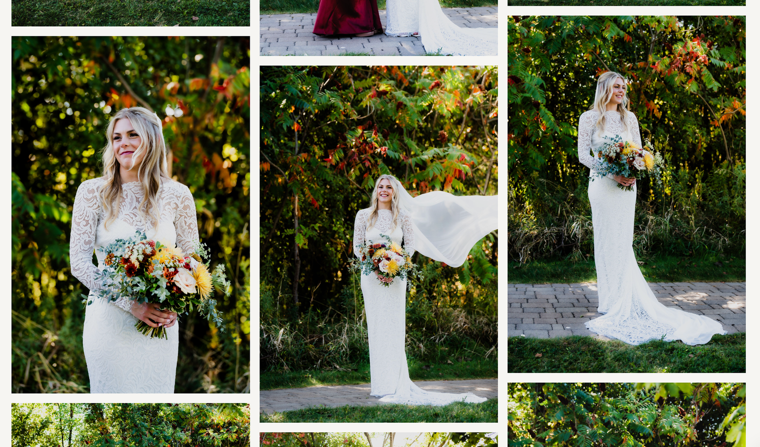 A collection of elegant bridal portraits showcasing a white wedding gown and floral bouquet in a lush garden setting.