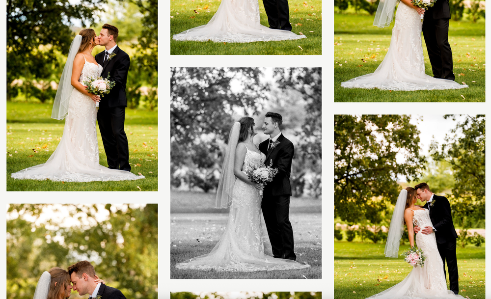 A romantic wedding photo collage featuring outdoor garden scenes with couples in formal attire embracing and celebrating.