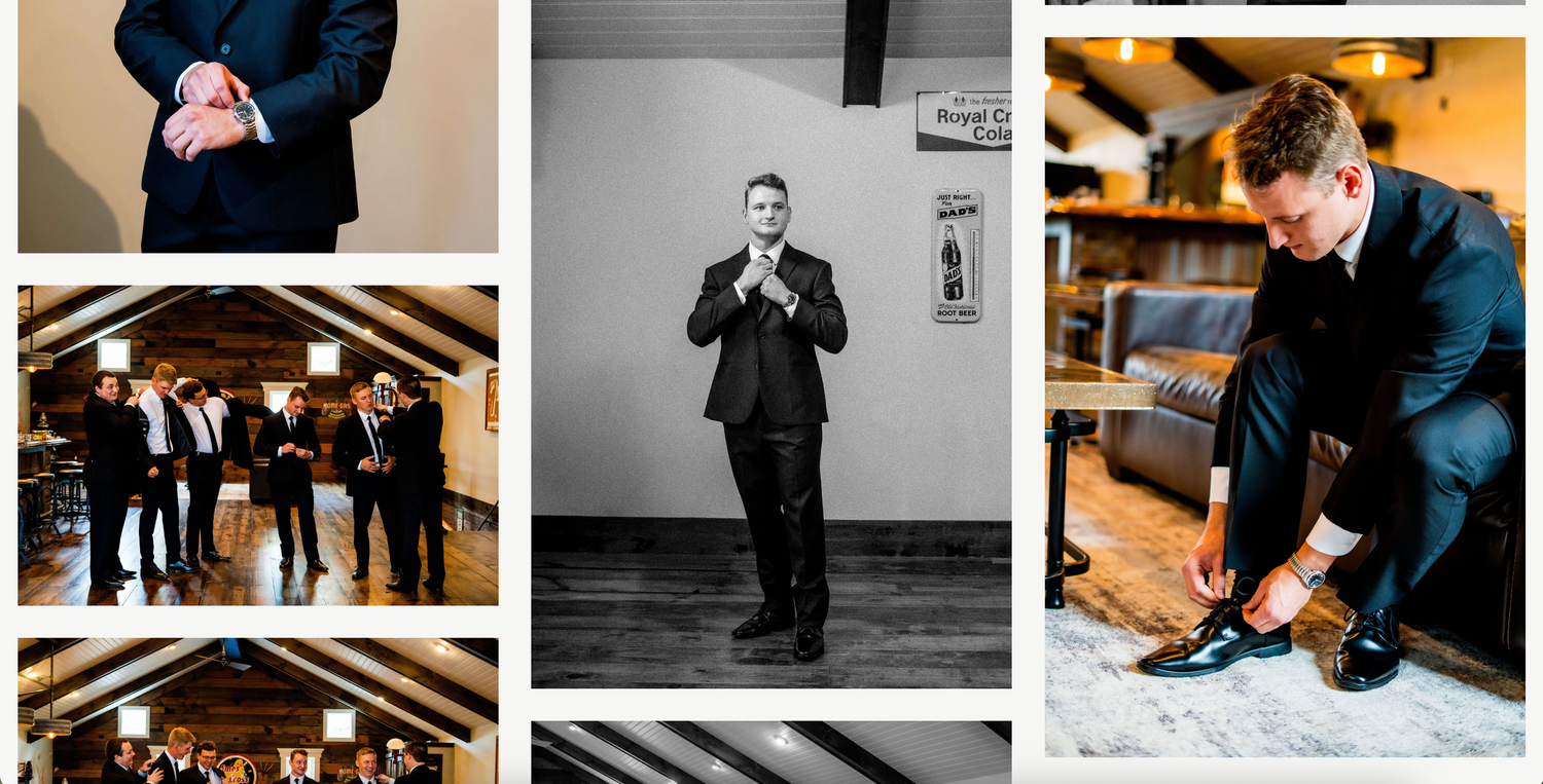 A collection of wedding day moments showing preparations, formal portraits, and candid shots in an elegant venue setting.