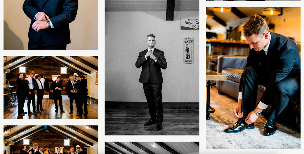 A collection of wedding day moments showing preparations, formal portraits, and candid shots in an elegant venue setting.