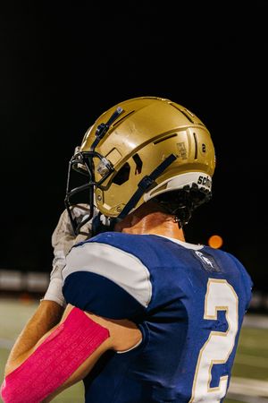Football player wearing navy and gold uniform with pink arm sleeves looks to the side during a night game.