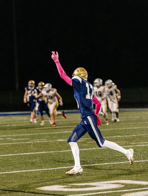 Football players in blue uniforms with pink accents celebrate on field during night game.