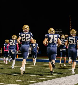 Football team members line up on the field during a nighttime game.
