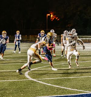 Multiple football players in white and blue uniforms line up in formation during a night game.