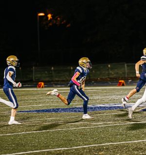 Football players in gold helmets and navy uniforms line up in formation on a lit field during a night game.