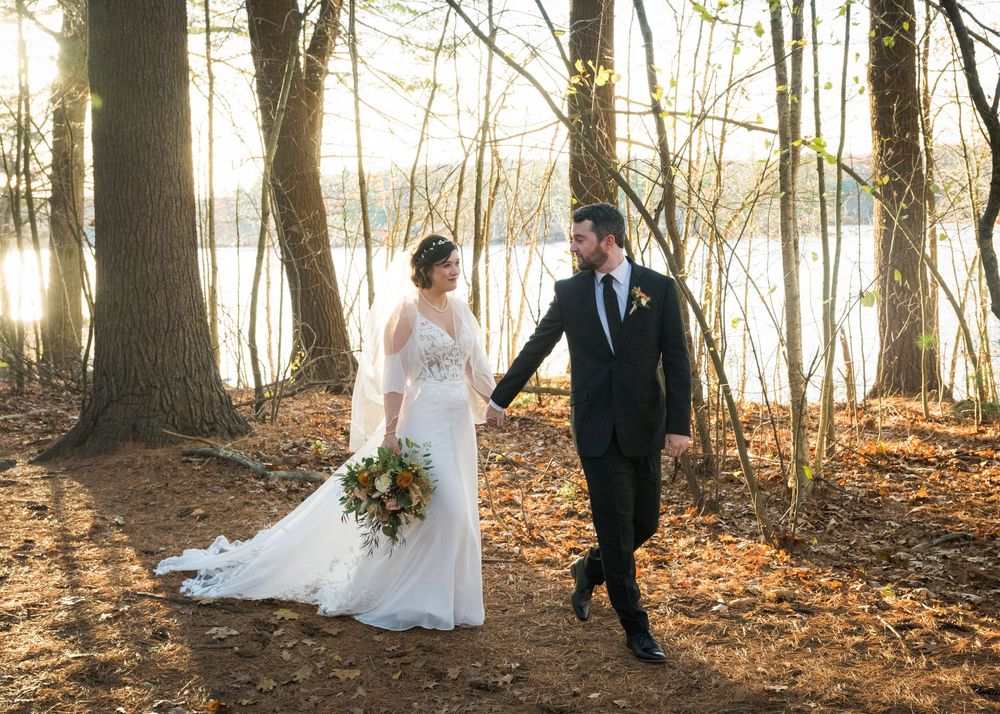 Wedding portraits captured in a scenic forest setting during golden hour.