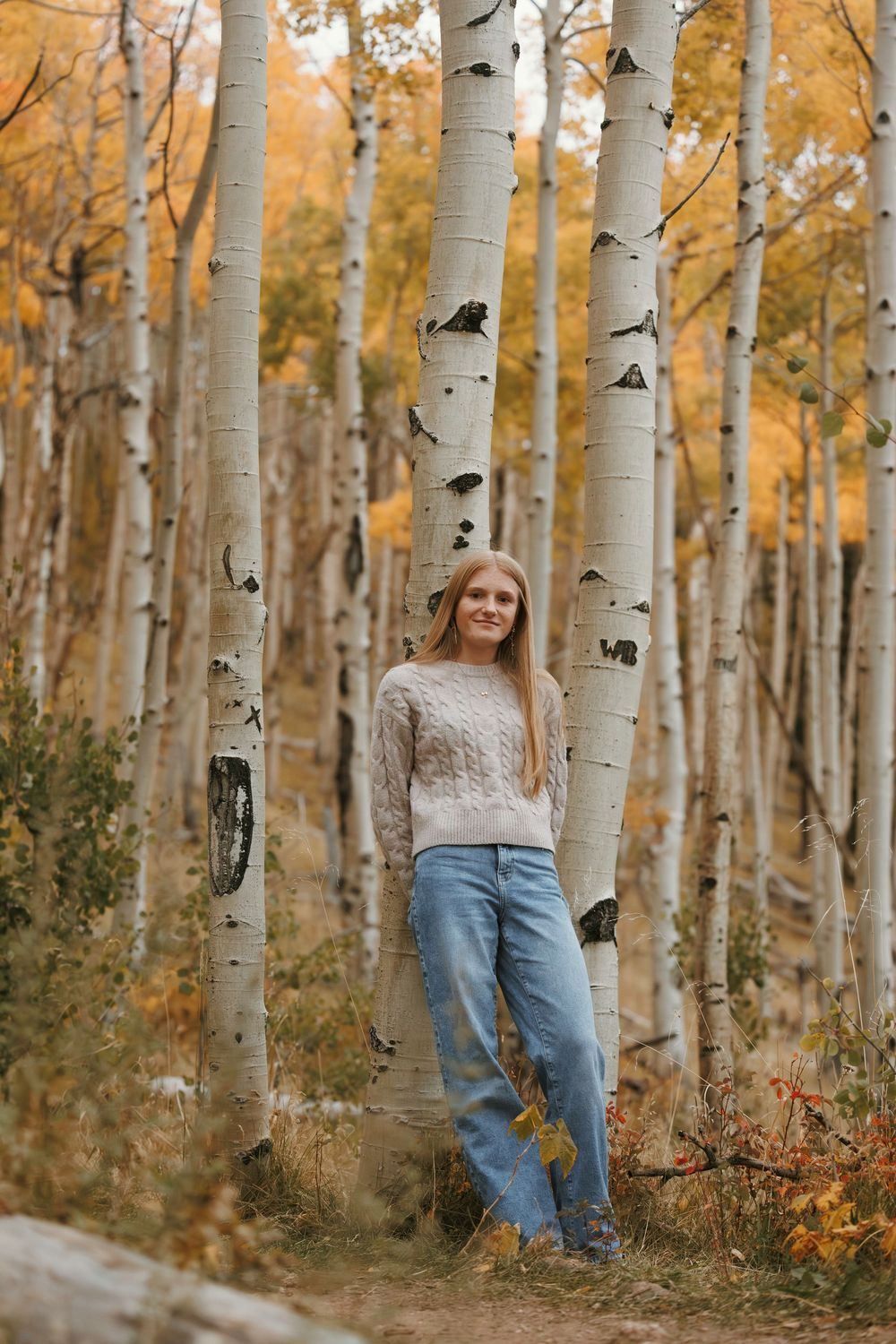 Smiling young woman in cream sweater and jeans leans against white birch trees in golden fall forest.