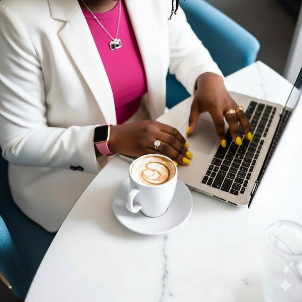 Professional working on laptop at white desk with coffee cup in modern office setting.