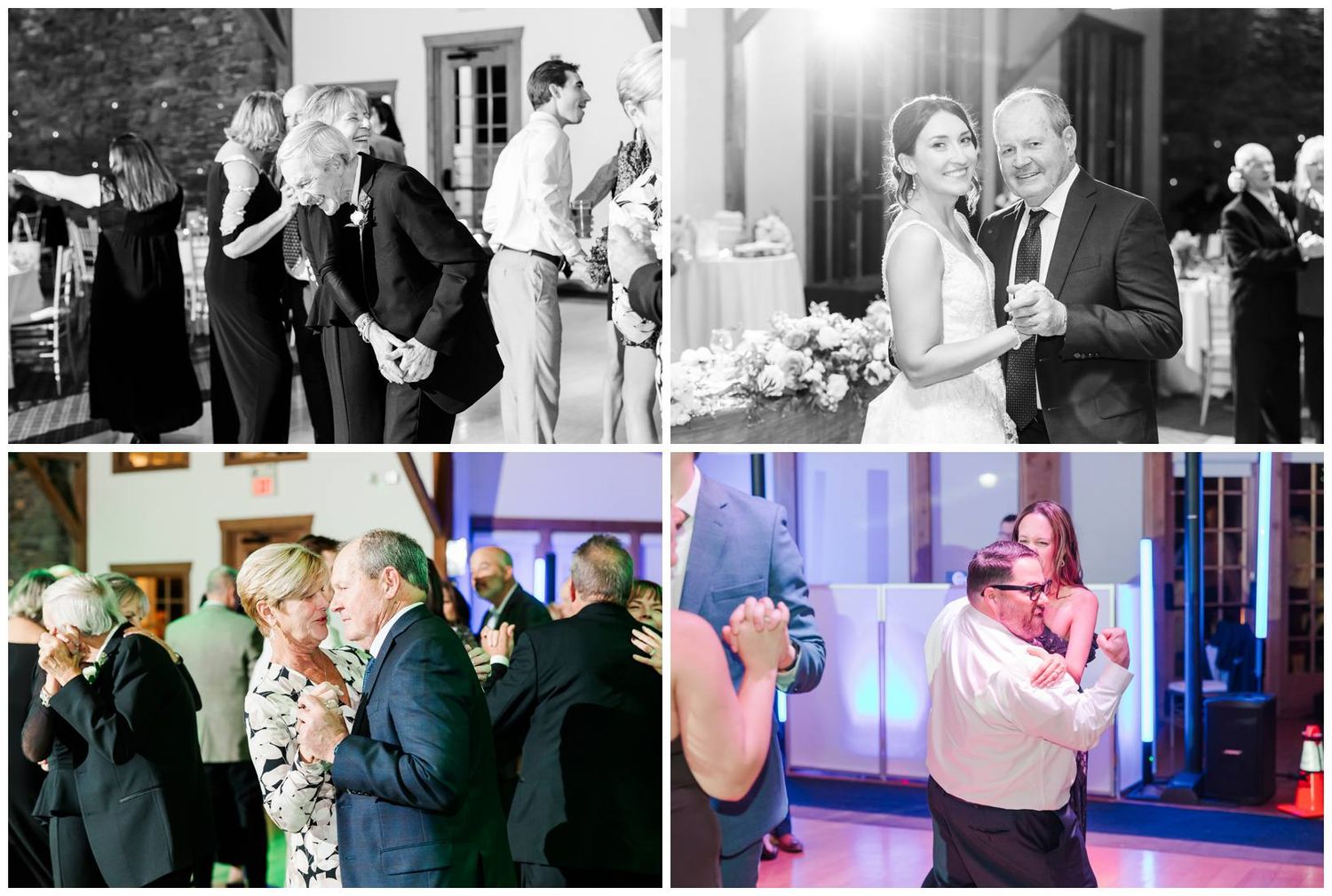 Wedding reception dance floor filled with guests enjoying the celebration under colorful lighting.