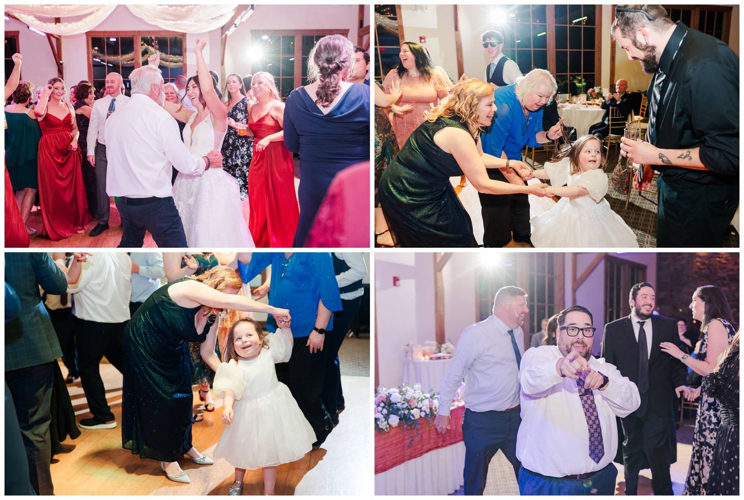 Wedding reception collage showing guests dancing and celebrating with pink lighting and party atmosphere.
