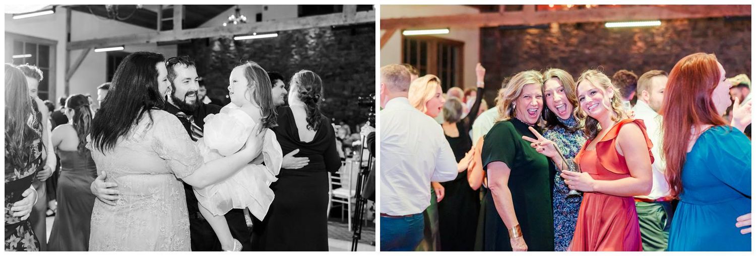 Black and white wedding reception photos showing guests dancing and celebrating.
