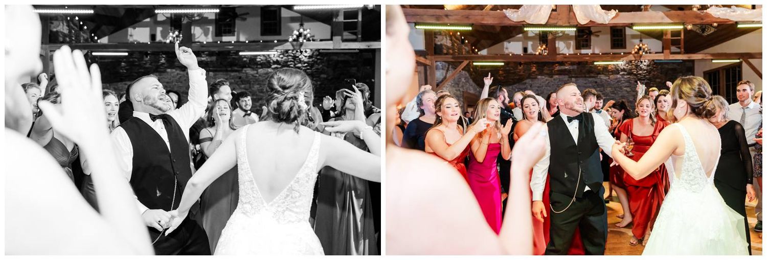 A series of black and white and color wedding photos showing couples dancing and celebrating at a reception.