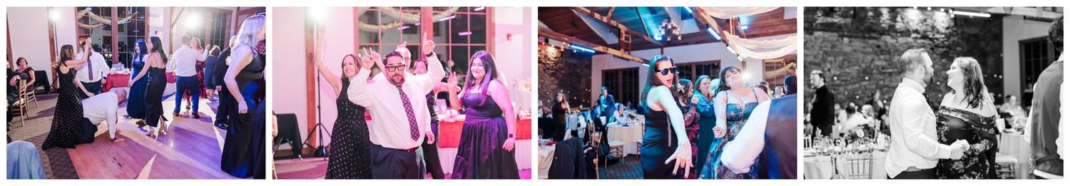 Wedding party celebrates on a dance floor illuminated by purple and blue lighting at an evening reception.