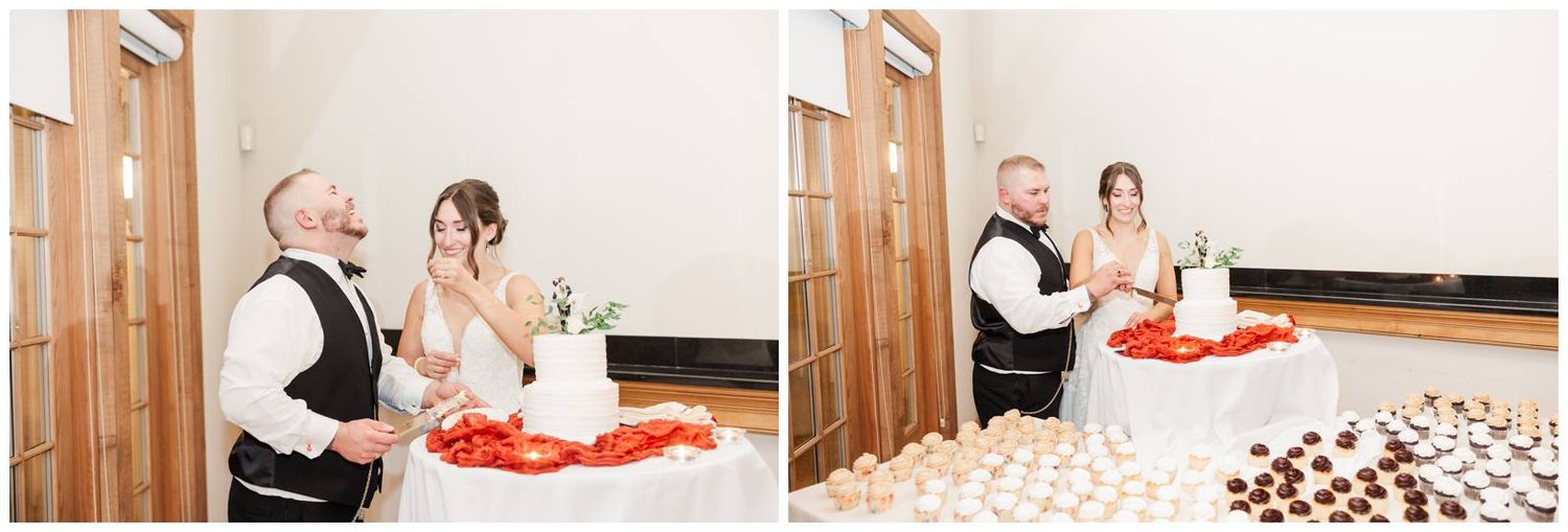 Wedding cake cutting ceremony with white tiered cake decorated with red flower accents.