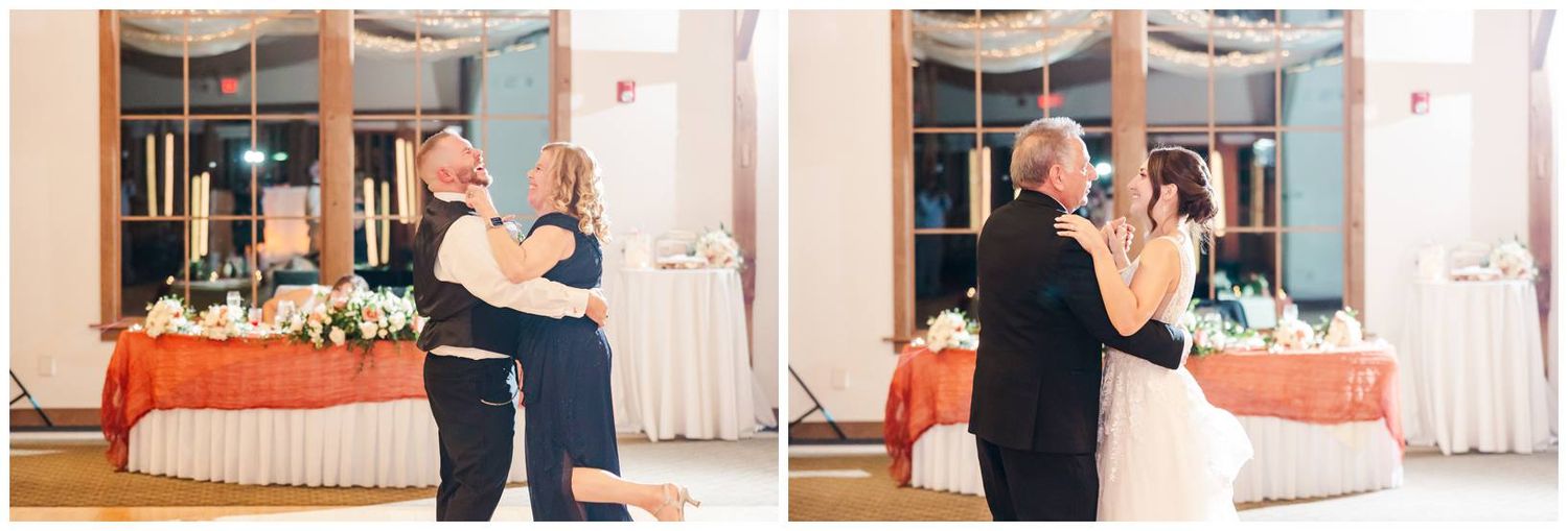 A horizontal strip of wedding ceremony and reception photos showing couples dancing and celebrating indoors.