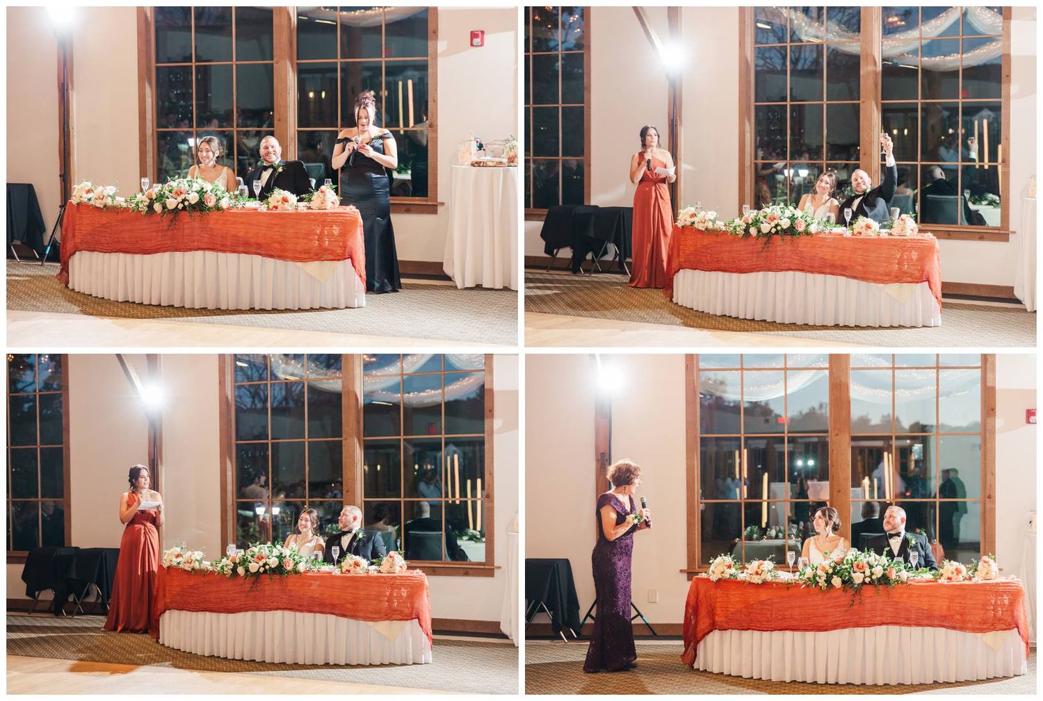Wedding reception dance floor moments captured in a series of candid shots with orange uplighting.