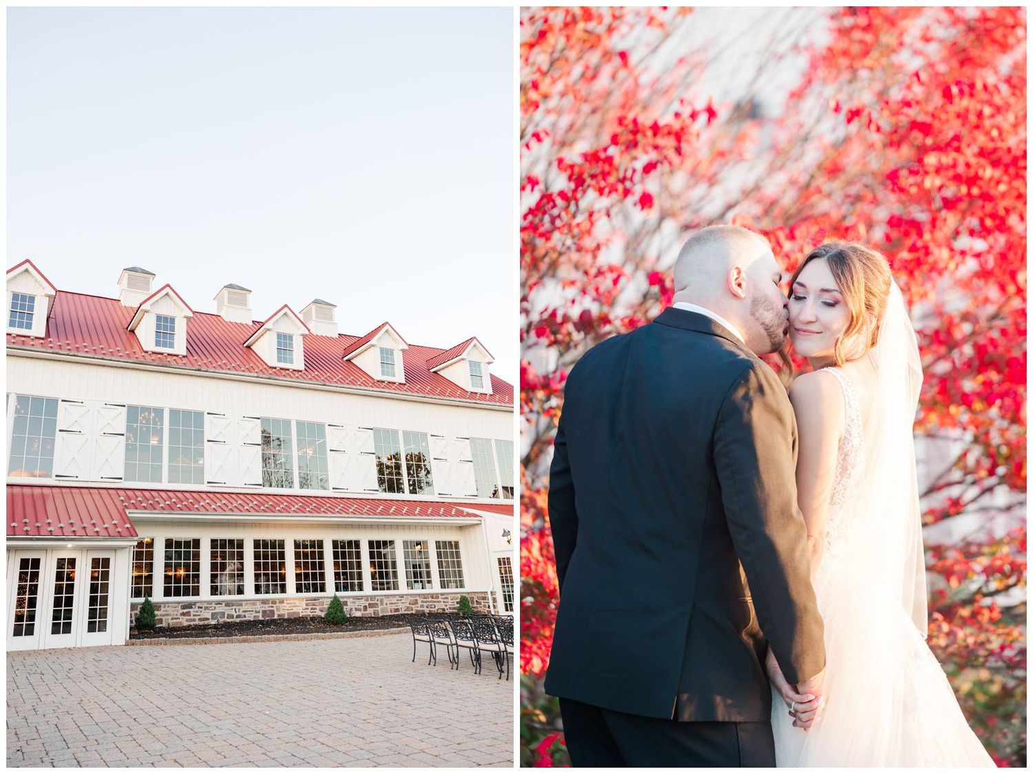 Wedding venue exterior shots with red autumn foliage and Spanish tile roof details.