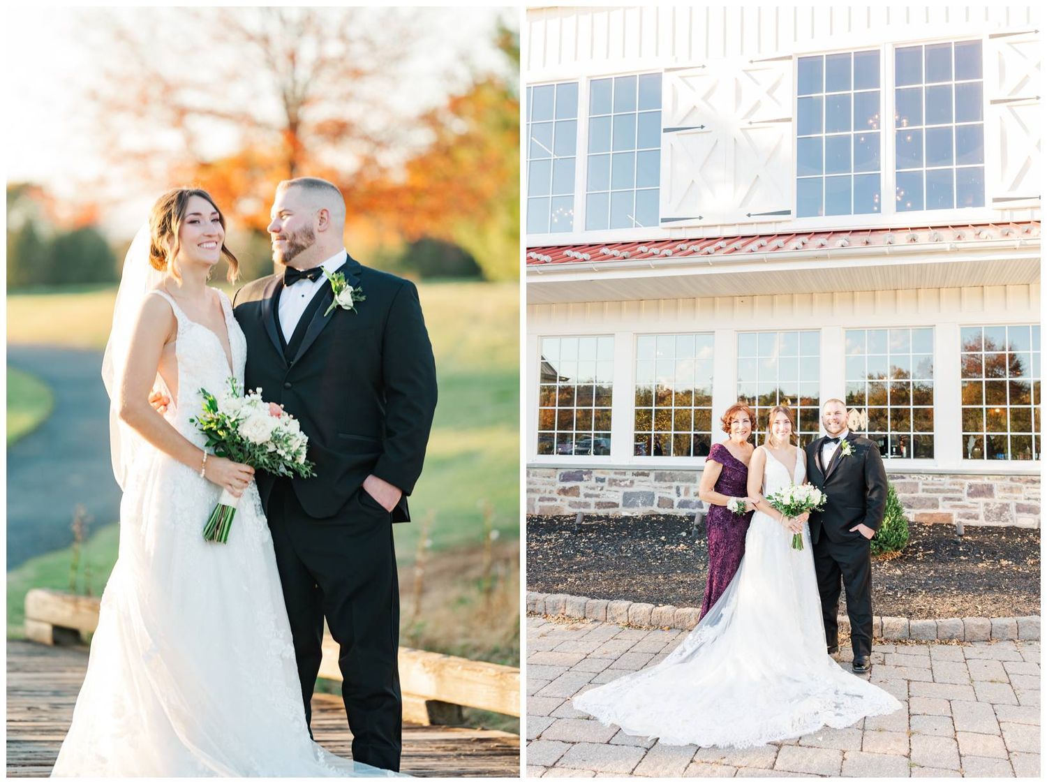 Romantic wedding portraits on a stone patio with autumn scenery in the background.