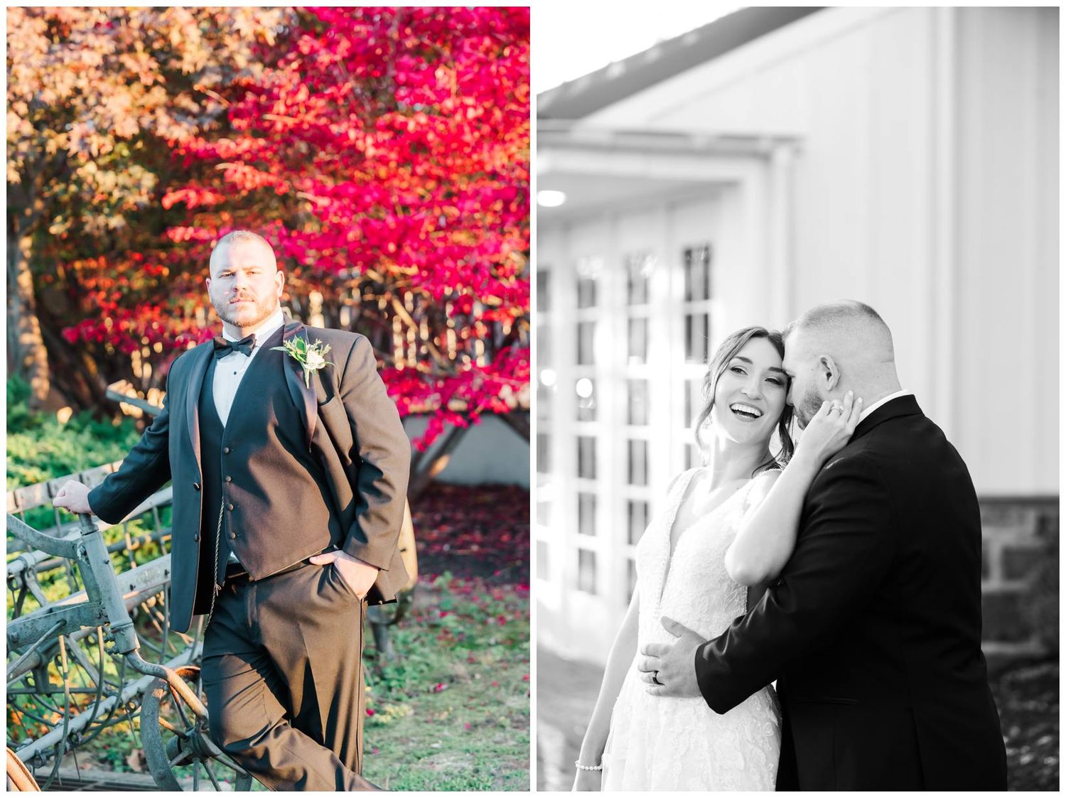 A romantic autumn wedding photoshoot series with vibrant red maple trees and elegant formal attire.