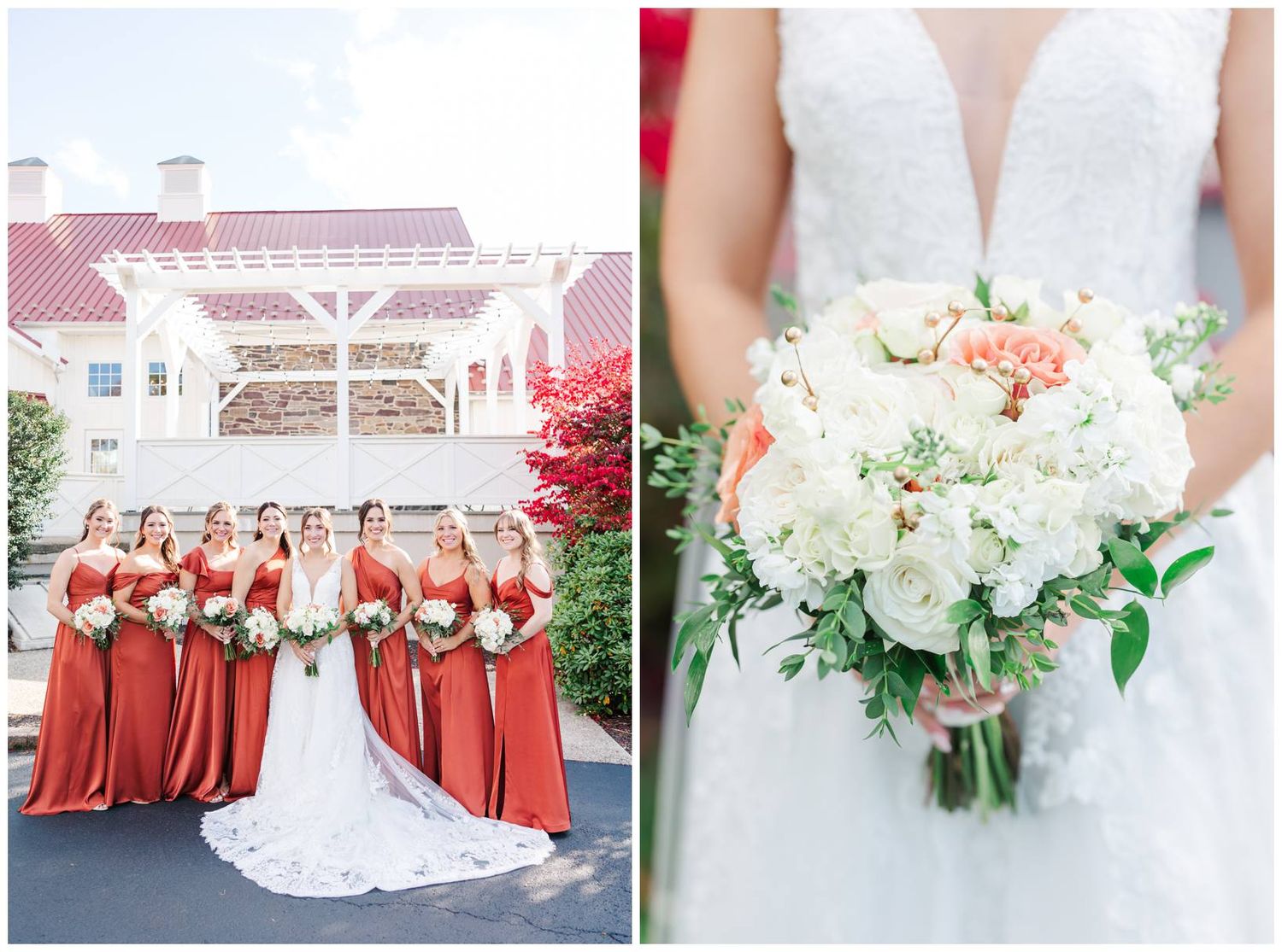 Wedding detail shots showing white floral bouquets and bridesmaids in red dresses.