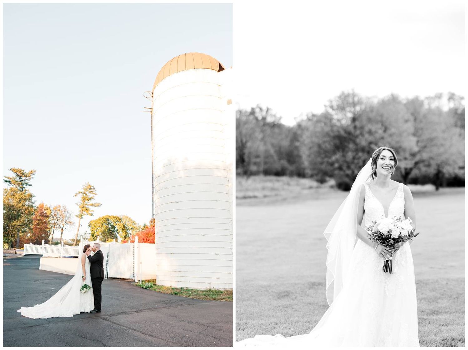 Elegant wedding portraits in black and white featuring a bride in a flowing white gown.