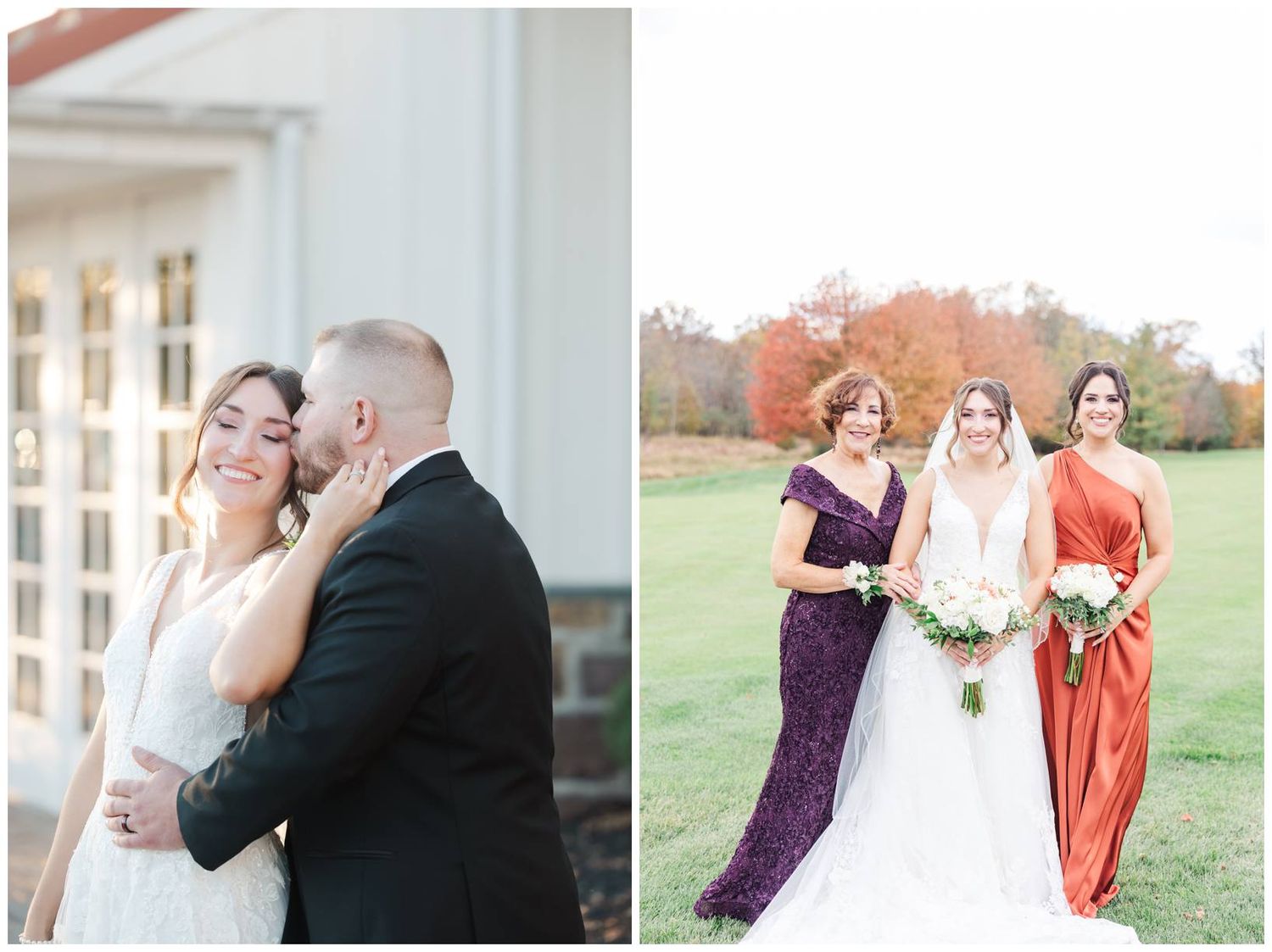 Wedding party poses together in formal attire against an elegant white building exterior.