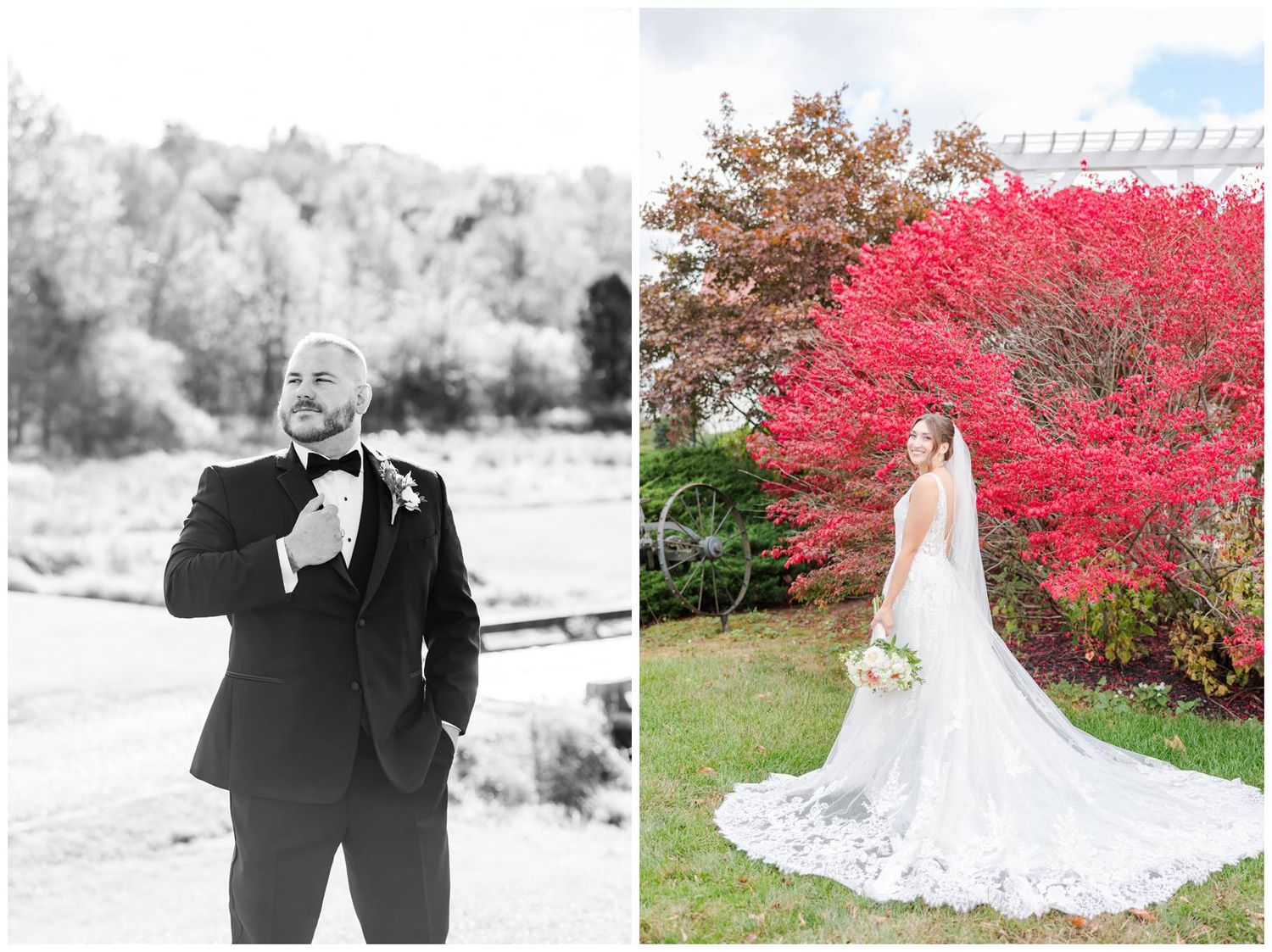 Two wedding photos showing a groom in black tuxedo and a bride in white gown against vibrant red autumn foliage.