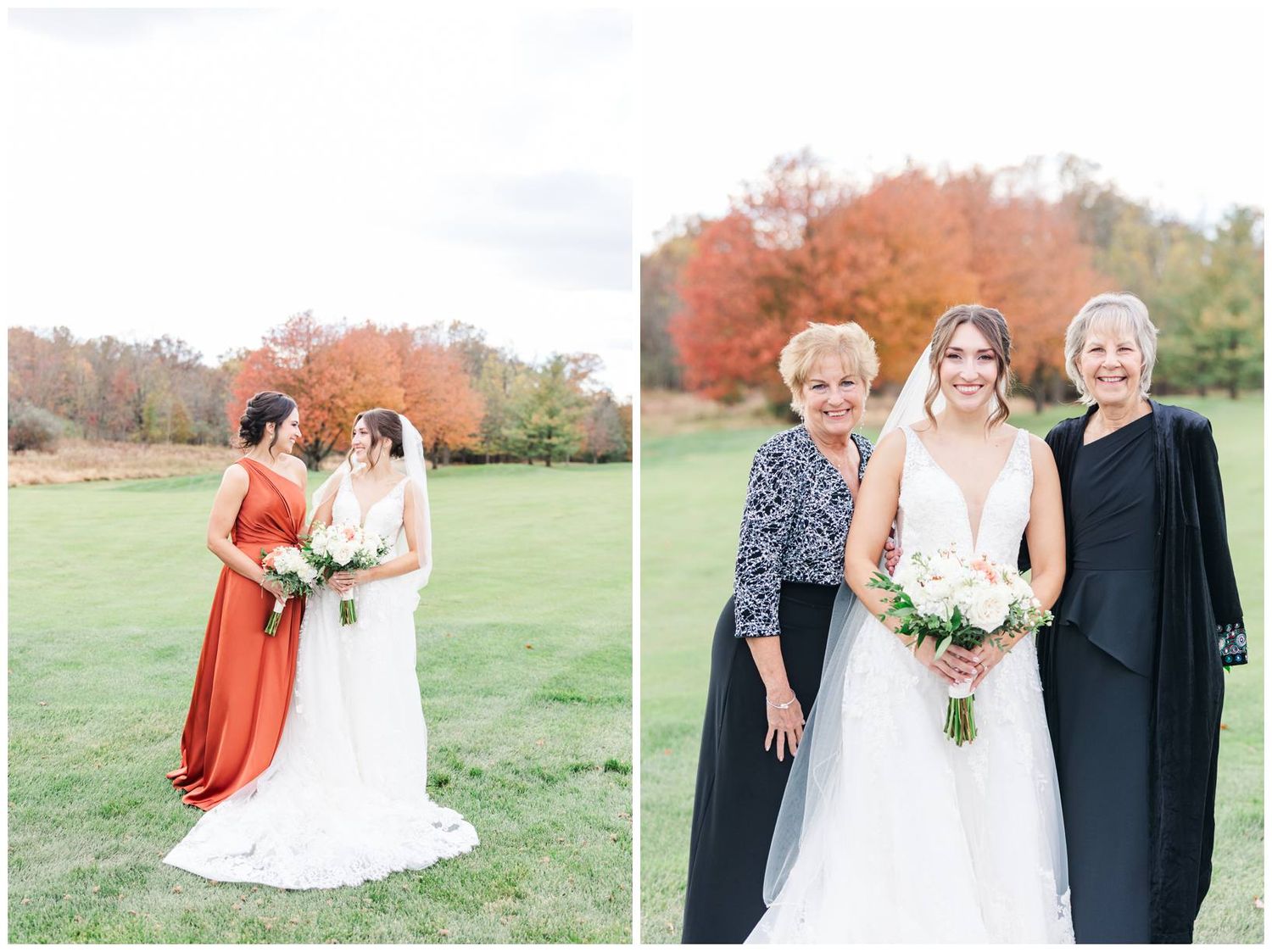A wedding photo collage showing outdoor autumn scenes with couples and wedding party members in formal attire.