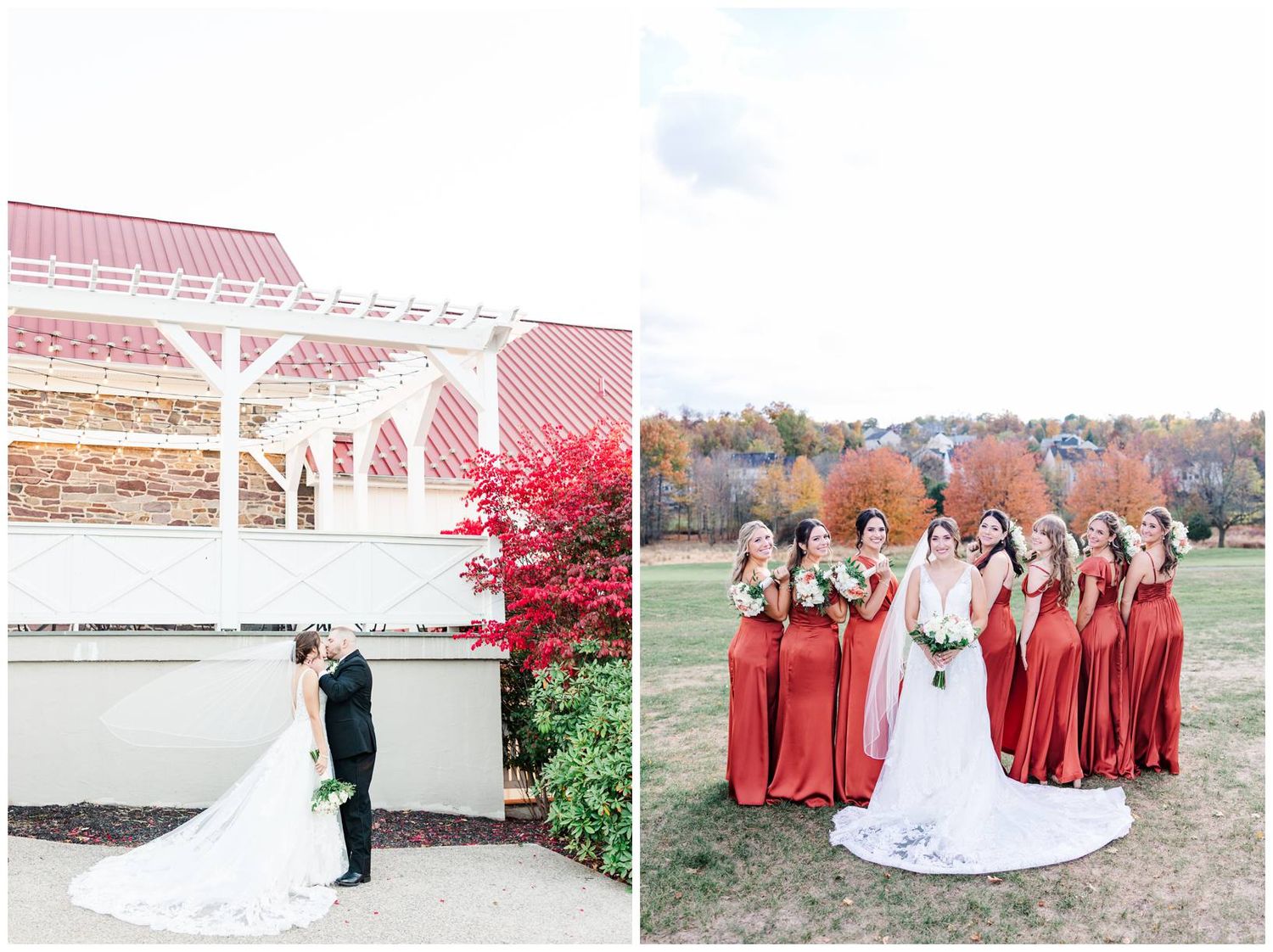 Wedding party in burgundy dresses and formal attire gather for outdoor photos against fall foliage.